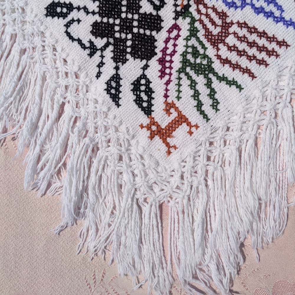 Mexican Hand Embroidered Poncho Artisanal Cross-Stitch Floral Peacock Boho Cape - Picture 11 of 13